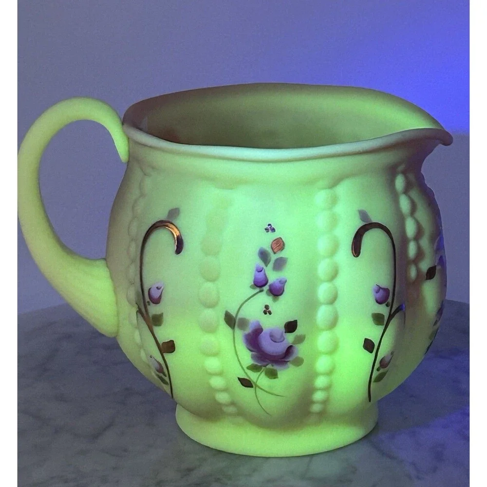 Vintage Fenton Uranium Glass Pitcher Burmese Hand Blown Beaded Melon Signed Vase